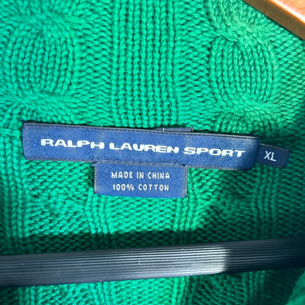 Ralph Lauren Sport Green Cable Knit Full Zip Cotton Sweater XL Purple Pony Logo - Picture 2 of 7